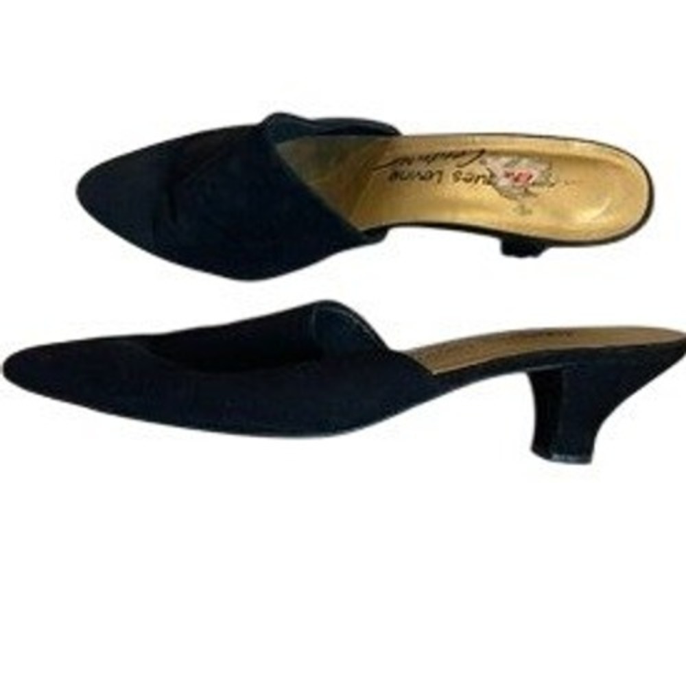 Jacques Levine Couture Black Suede Pointed Toe Kitten Heel Mules Vintage 7.5B